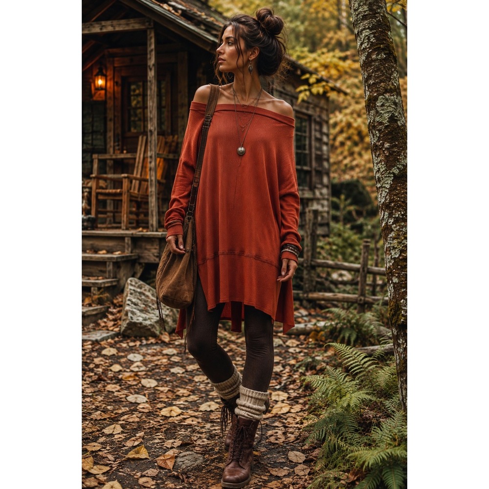 Free People We The Free Women's Londontown Thermal Rust Orange Tunic Top Size L